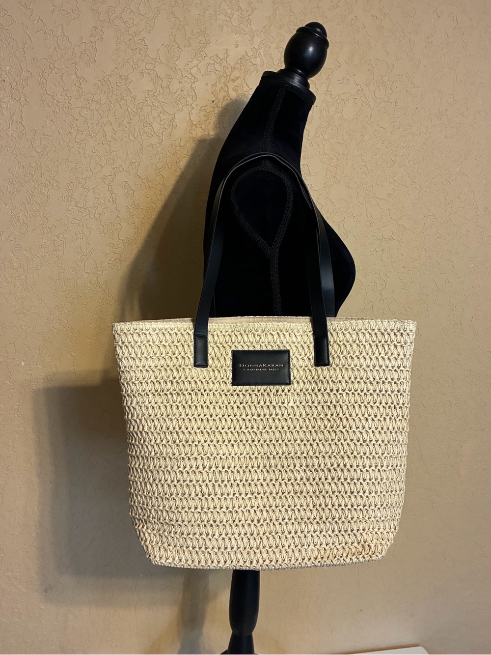 Donna Karan Cashmere Mist Collection Tote Bag Black Faux Leather Handles NWOT